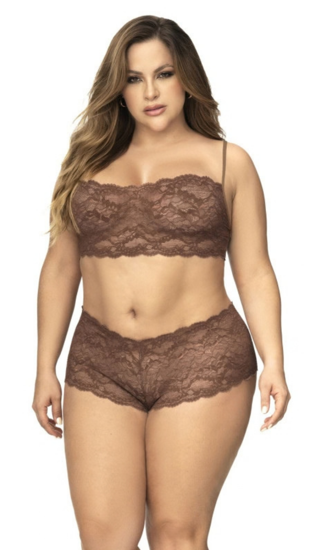 Ensemble Grande Taille Bustier & Shorty en Dentelle Cacao – Ambre